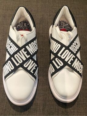 Love Moschino White and Black Logo Strap Sneakers NWOT size 9.